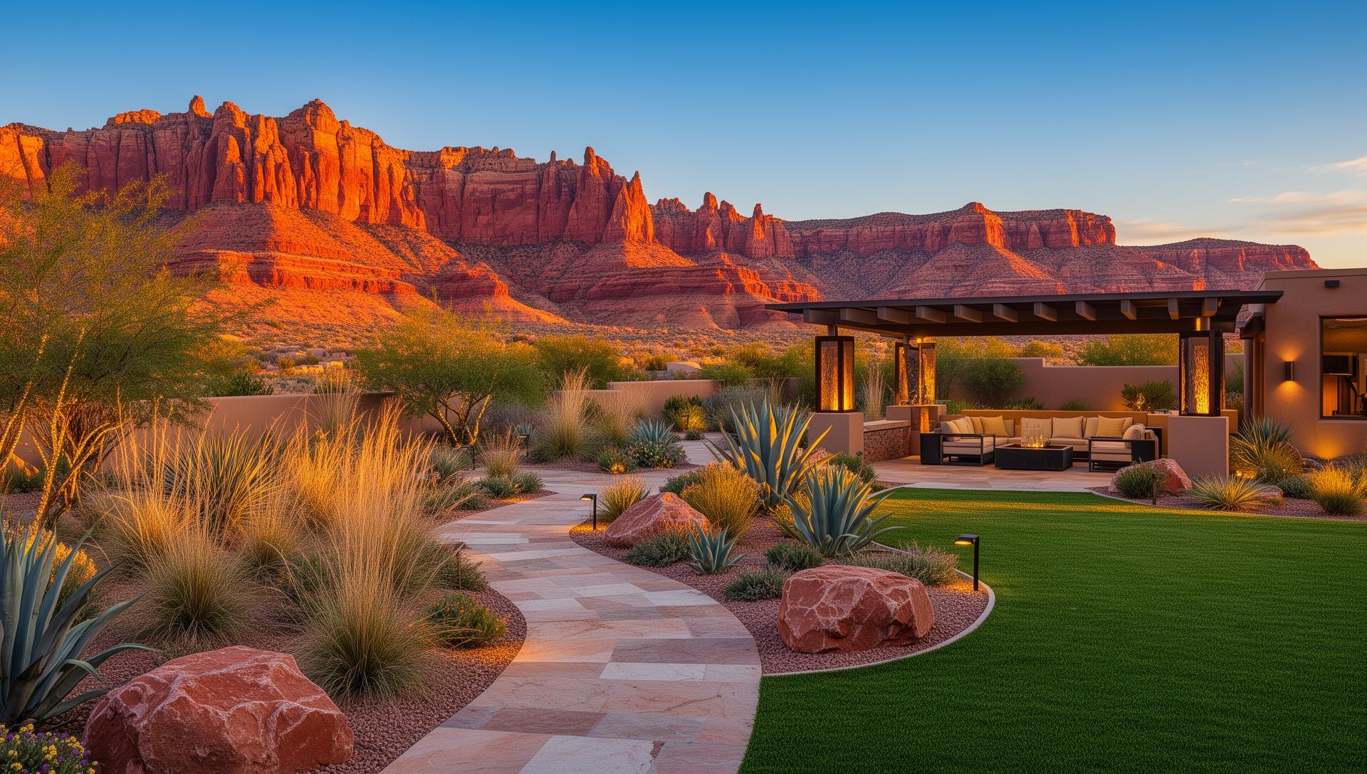 Professional desert landscaping in Southern Utah featuring red rock formations, xeriscaping with native plants, elegant stonework pathways, and outdoor living spaces
